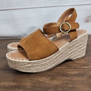 Seychelles Saddle Brown Tan Faux Suede Leather Platform Espadrilles Size 8